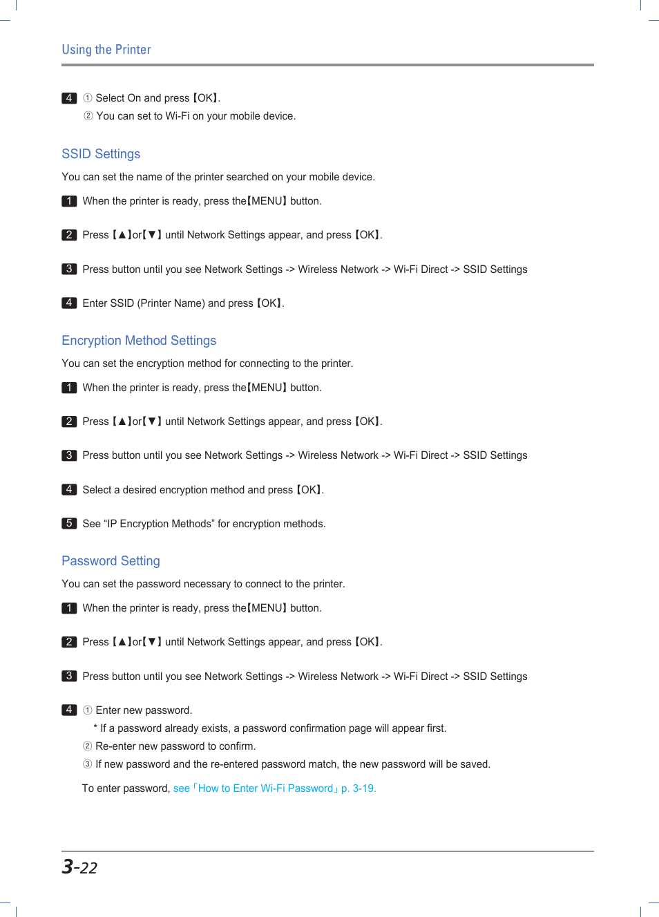 Ssid settings, Encryption method settings, Password setting | Ssid setting -22, Encryption method setting -22, Password setting -22, See <wireless, Encryption> p.3-22 | Sindoh A611dn User Manual | Page 66 / 126