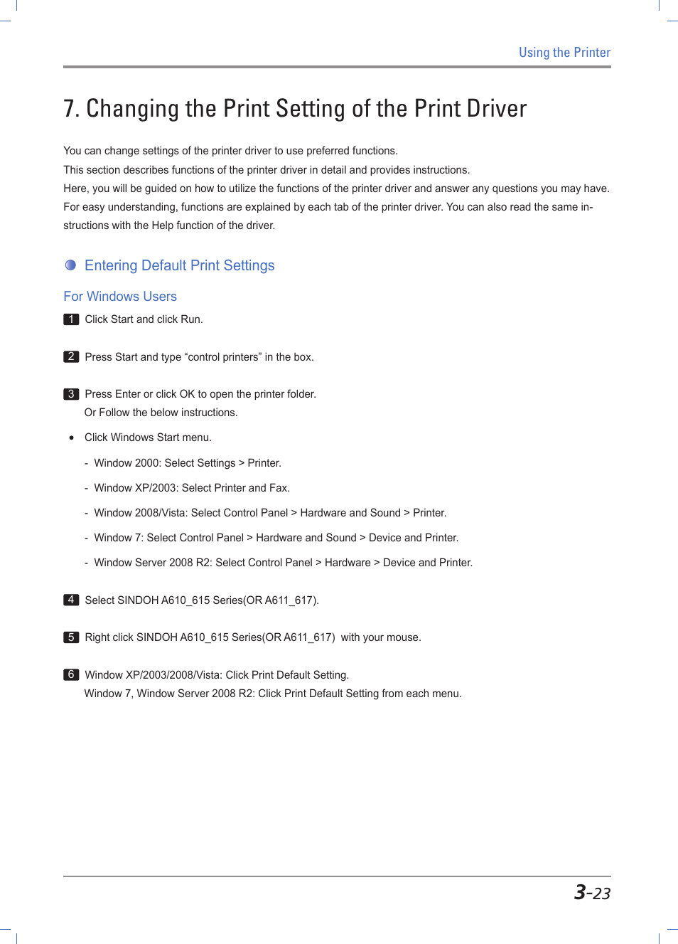 Changing the print setting of the print driver, Entering default print settings, For windows users | Changing print settings in print driver -23, Entering default print settings -23, Windows users -23 | Sindoh A611dn User Manual | Page 67 / 126