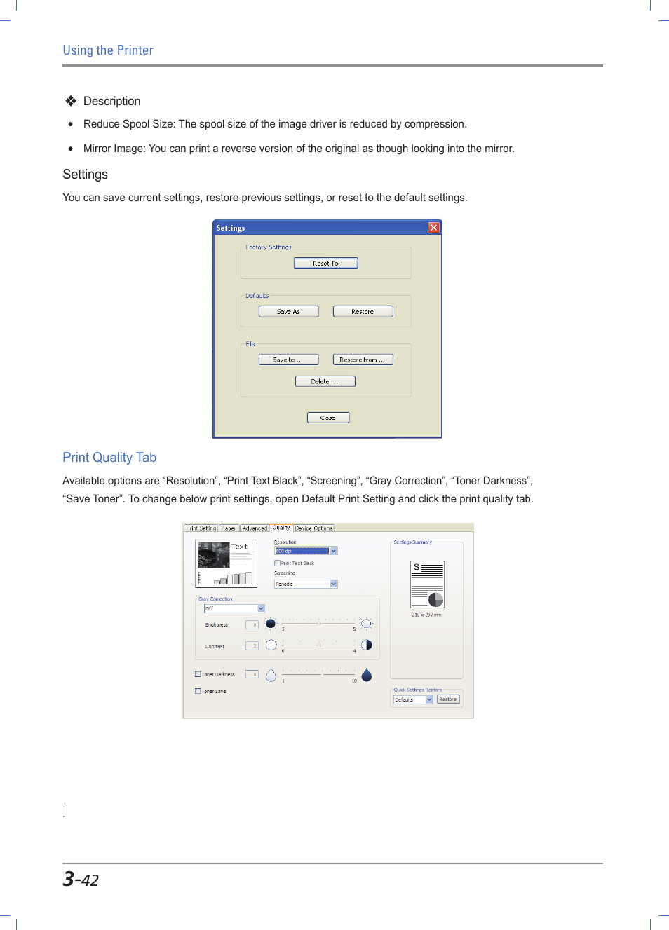 Print quality tab, Print quality tab functions -42 | Sindoh A611dn User Manual | Page 86 / 126