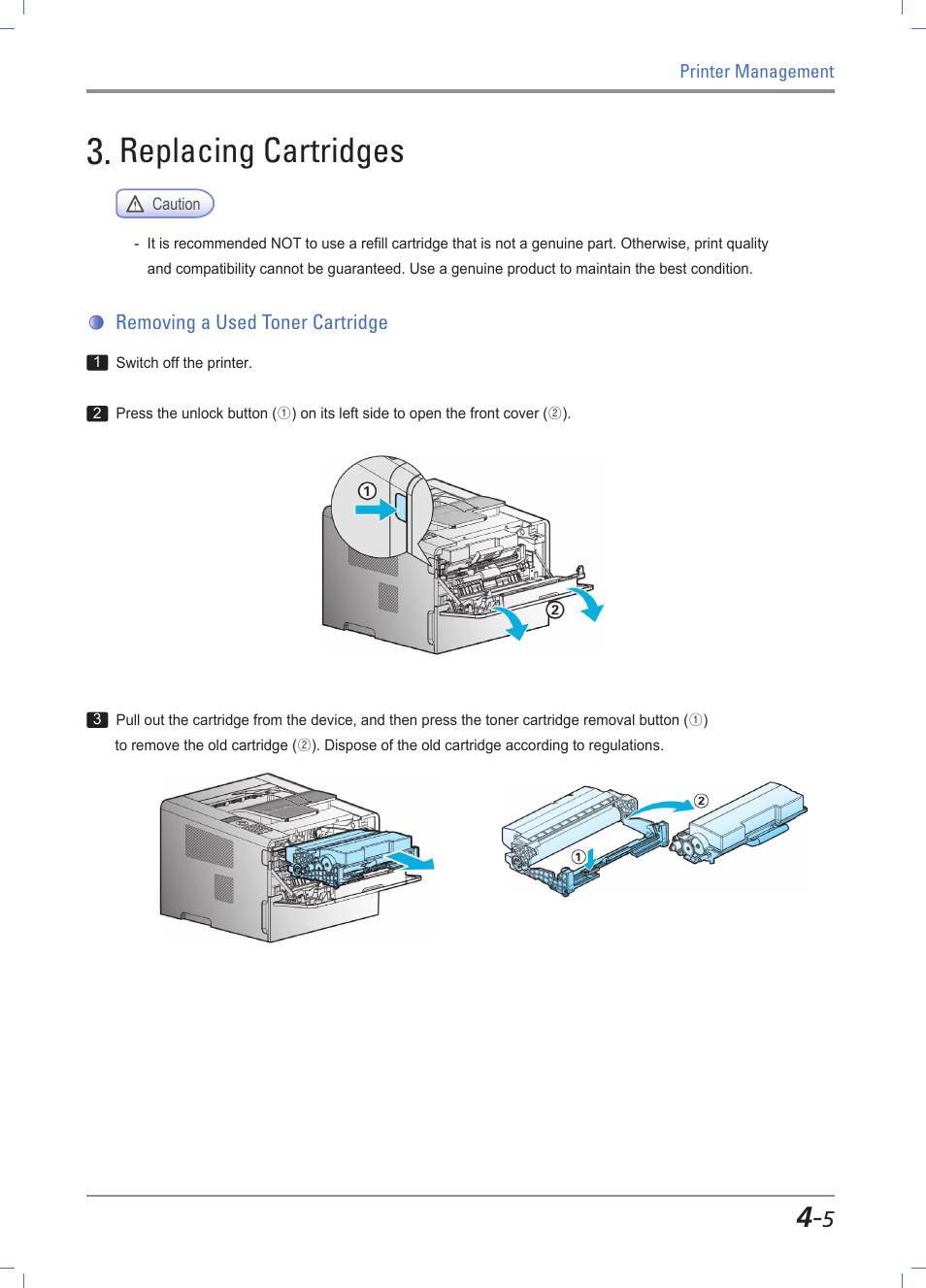 Replacing cartridges, Removing a used toner cartridge, Replacing cartridges -5 | Removing used cartridge -5, For more information, see, Cartridge replacement」 p. 4-5 | Sindoh A611dn User Manual | Page 93 / 126