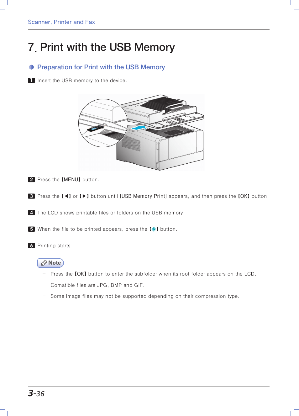 Print with the usb memory, Preparation for print with the usb memory, For more information, see | Print with the usb memory」 (p. 3-36) | Sindoh M403 User Manual | Page 118 / 232