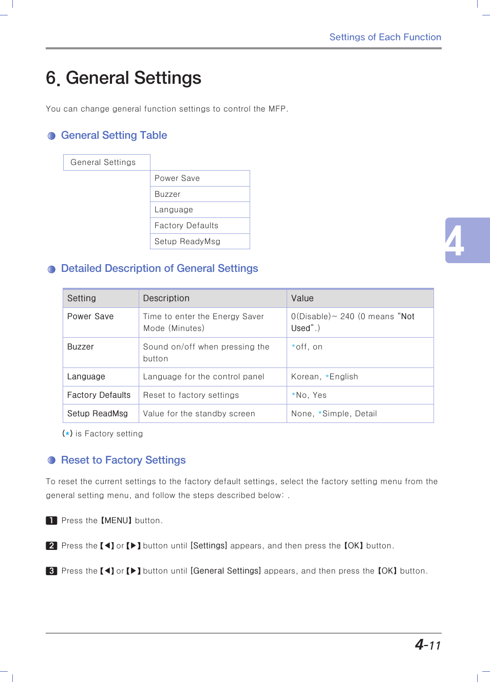 General settings, General setting table, Detailed description of general settings | Reset to factory settings | Sindoh M403 User Manual | Page 139 / 232