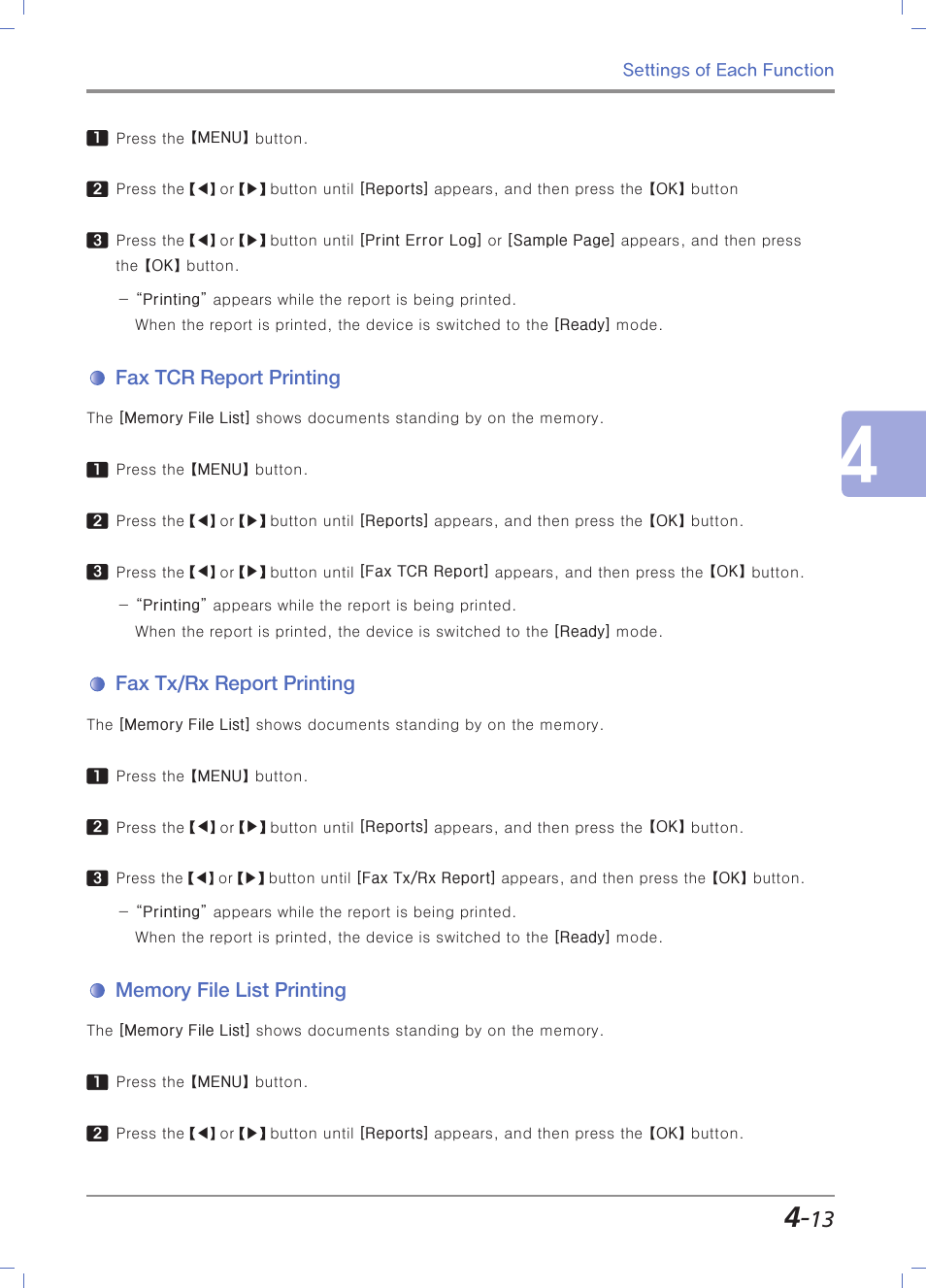 Fax tcr report printing, Fax tx/rx report printing, Memory file list printing | Sindoh M403 User Manual | Page 141 / 232