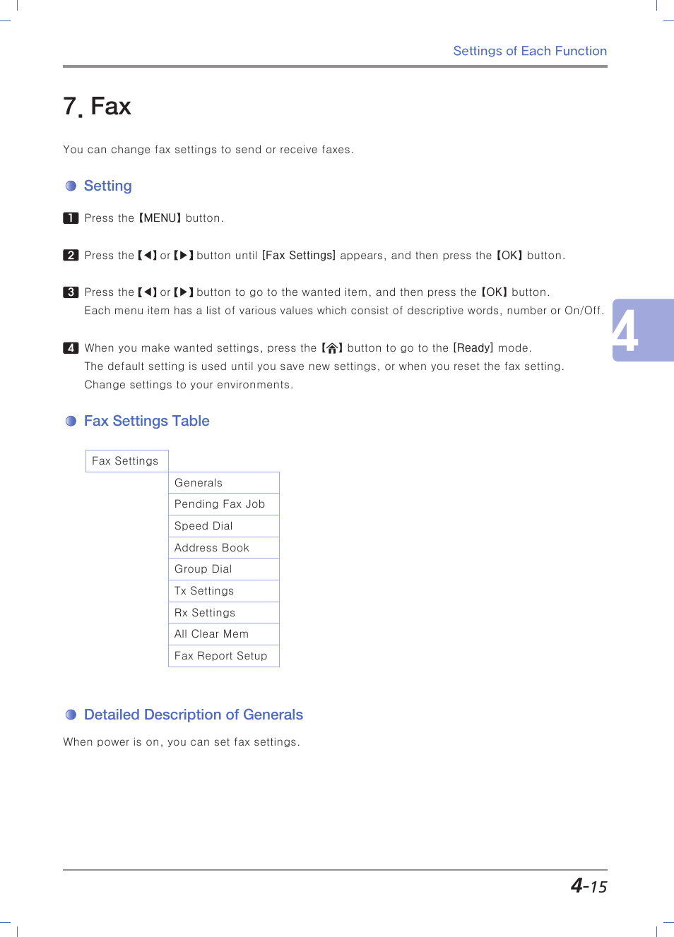 Setting, Fax settings table, Detailed description of generals | Fax setting table | Sindoh M403 User Manual | Page 143 / 232