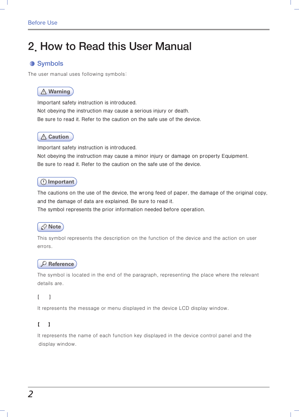 How to read this user manual, Symbols | Sindoh M403 User Manual | Page 16 / 232