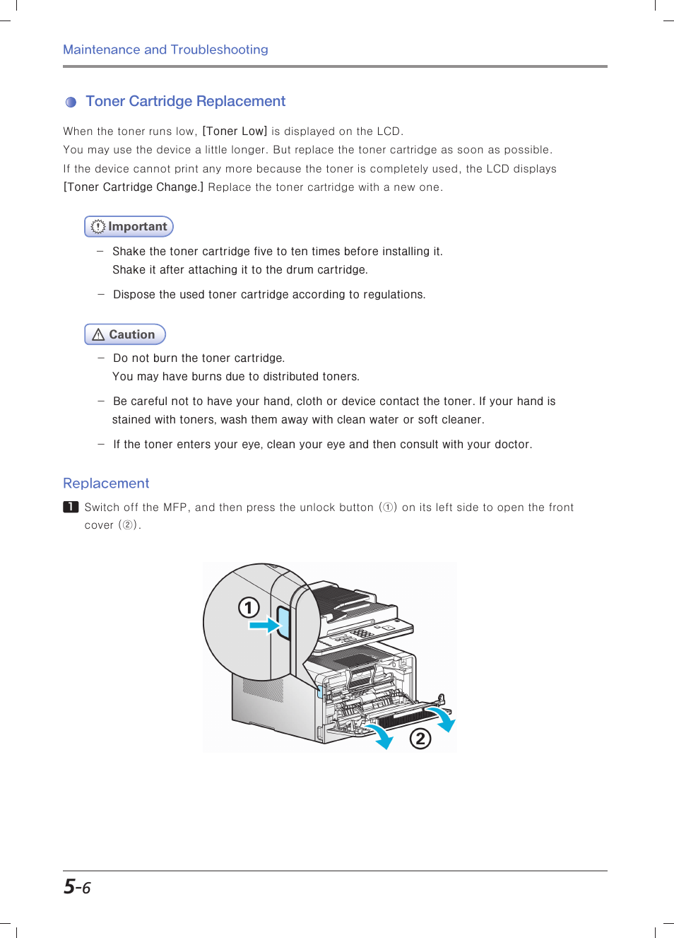 Toner cartridge replacement, Replacement, For more information, see | Toner cartridge replacement」 (p. 5-6) and, Toner cartridge replacement」 (p. 5-6) | Sindoh M403 User Manual | Page 178 / 232