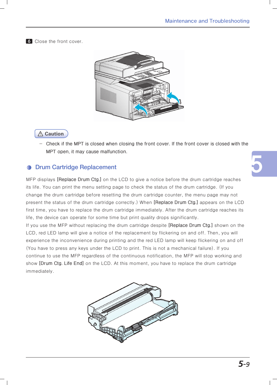 Drum cartridge replacement, For more information, see, Drum cartridge replacement」 (p. 5-9) | Sindoh M403 User Manual | Page 181 / 232