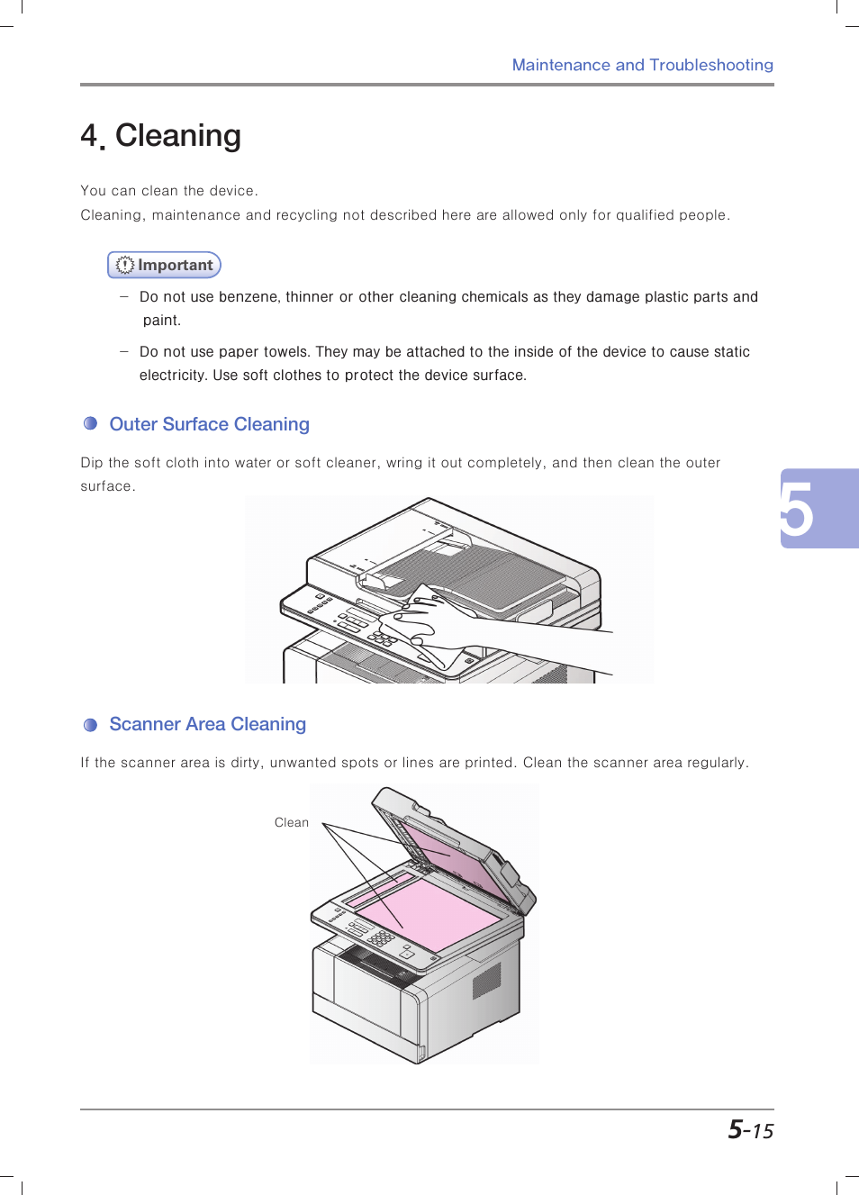 Cleaning, Outer surface cleaning, Scanner area cleaning | Cleaning」 (p. 5-15) | Sindoh M403 User Manual | Page 187 / 232