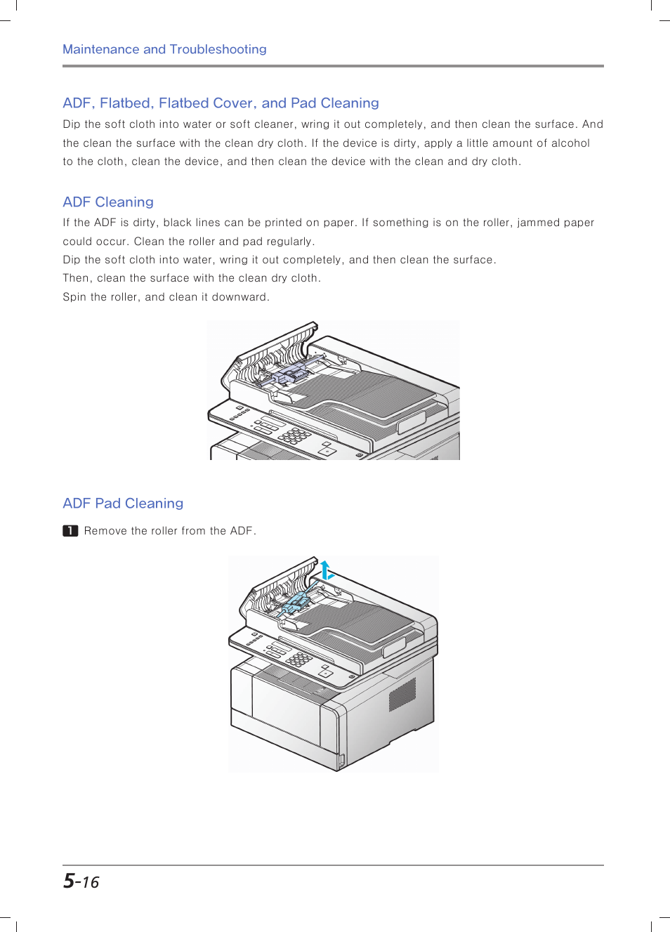 Adf, flatbed, flatbed cover, and pad cleaning, Adf cleaning, Adf pad cleaning | Sindoh M403 User Manual | Page 188 / 232