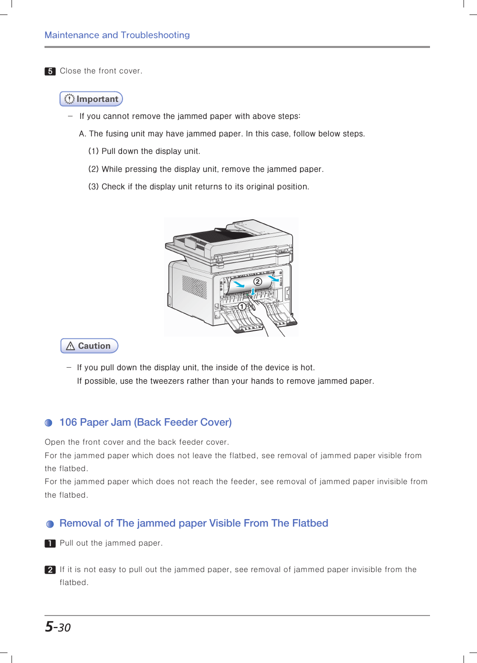 106 paper jam (back feeder cover), Paper from the back feeder cover, see, 106 paper jam」 (p. 5-30) | Sindoh M403 User Manual | Page 202 / 232