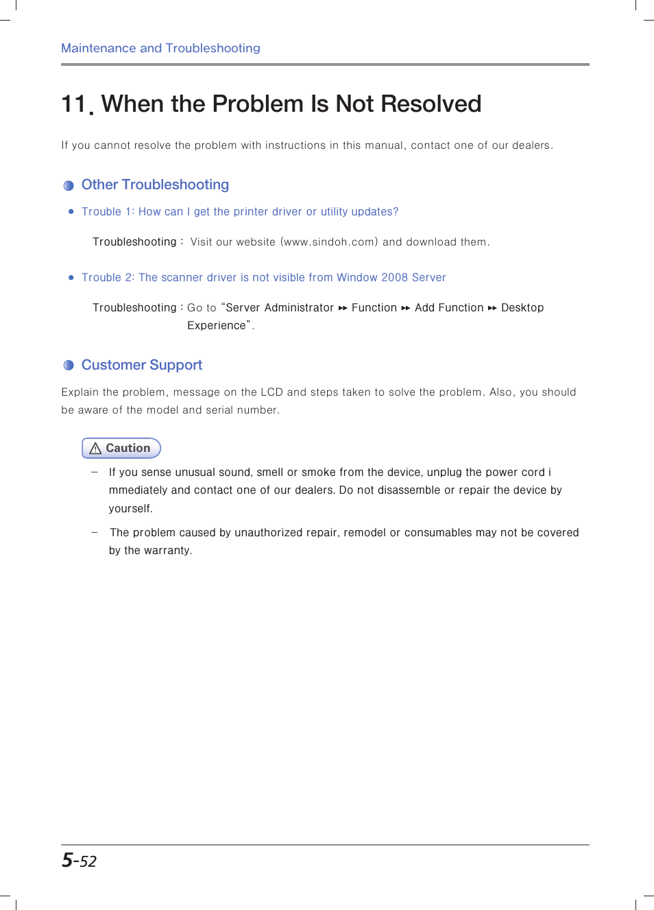 When the problem is not resolved, Other troubleshooting, Customer support | Sindoh M403 User Manual | Page 224 / 232