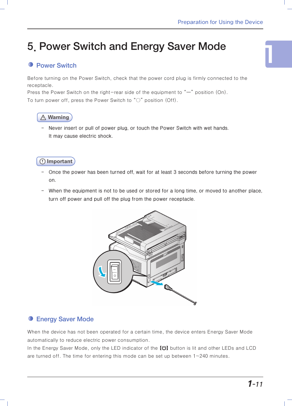 Power switch and energy saver mode, Power switch, Energy saver mode | Sindoh M403 User Manual | Page 39 / 232