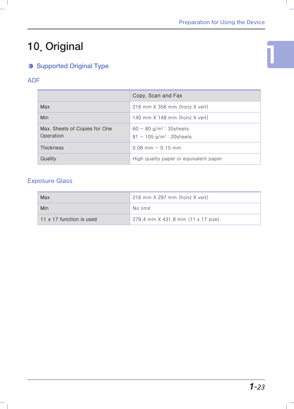 Original, Supported original type, Exposure glass | Sindoh M403 User Manual | Page 51 / 232