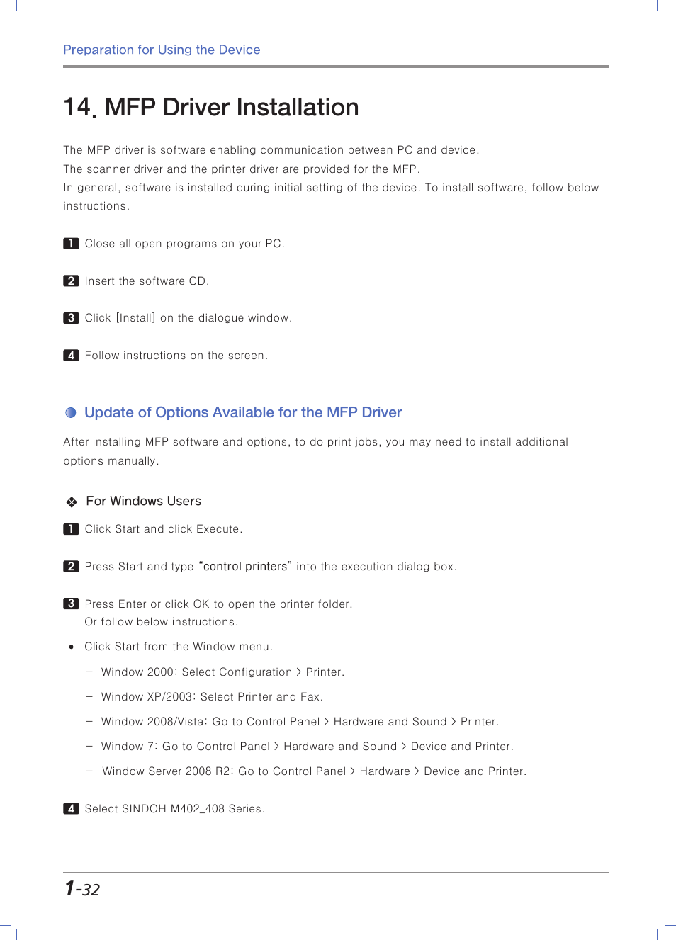 Mfp driver installation, Update of options available for the mfp driver | Sindoh M403 User Manual | Page 60 / 232