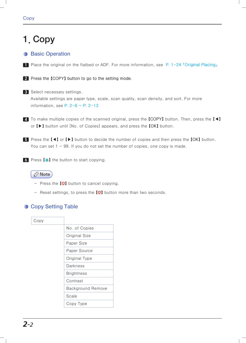 Copy, Basic operation, Copy setting table | Sindoh M403 User Manual | Page 70 / 232