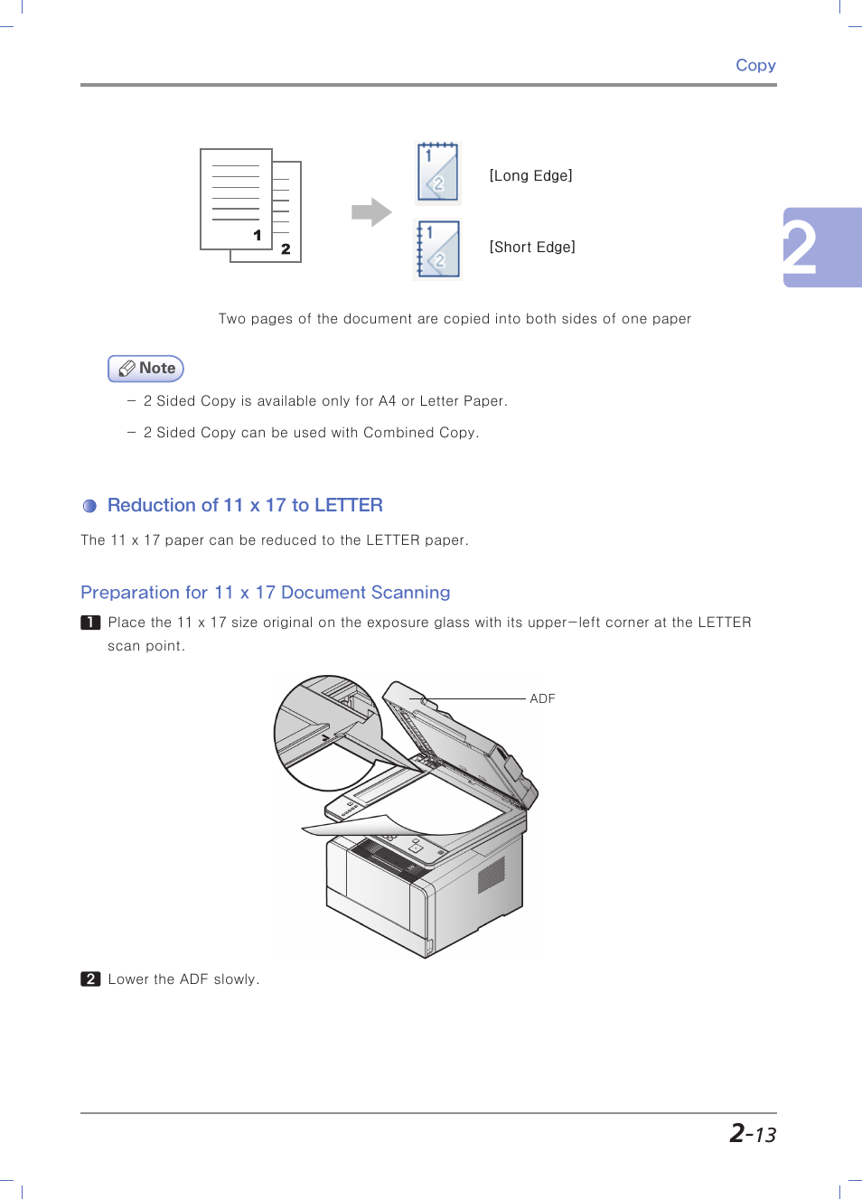 Reduction of 11 x 17 to letter, Preparation for 11 x 17 document scanning, Reduction of 11x17 to letter | Preparation for 11x17 document scanning, P. 2-13 | Sindoh M403 User Manual | Page 81 / 232