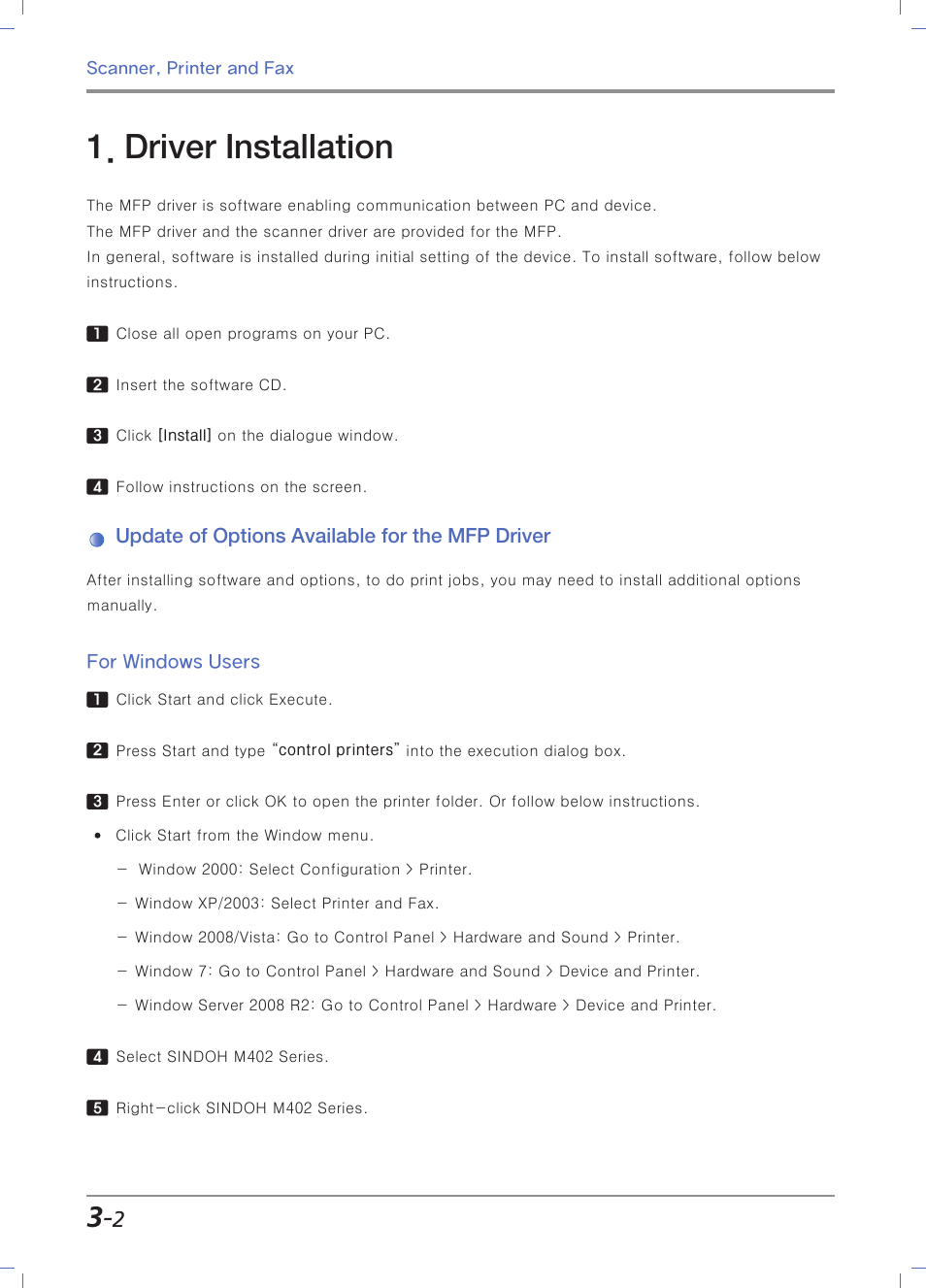 Driver installation, Update of options available for the mfp driver, For windows users | Sindoh M403 User Manual | Page 84 / 232