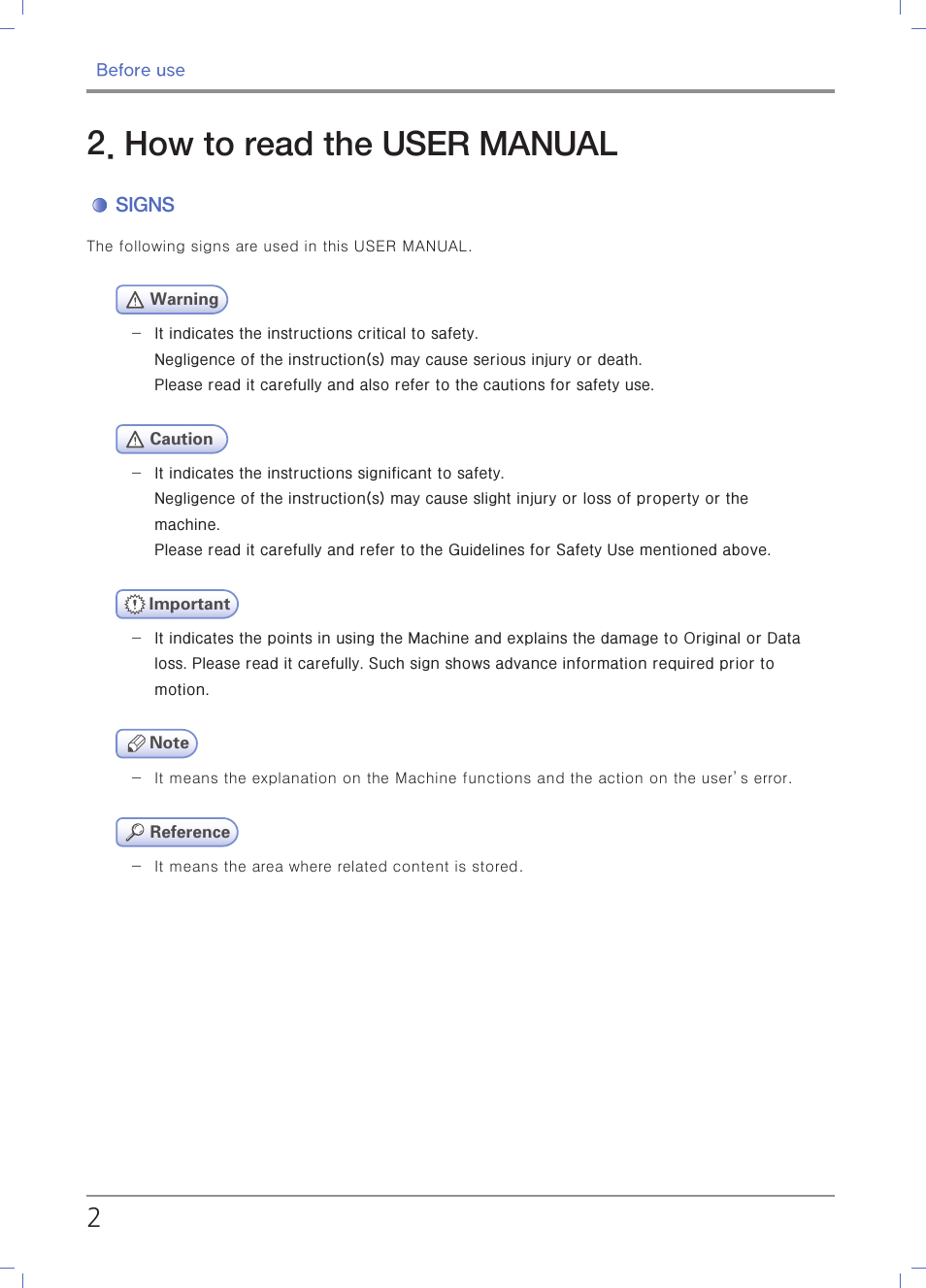 How to read the user manual, Signs | Sindoh N700 User Manual | Page 18 / 338