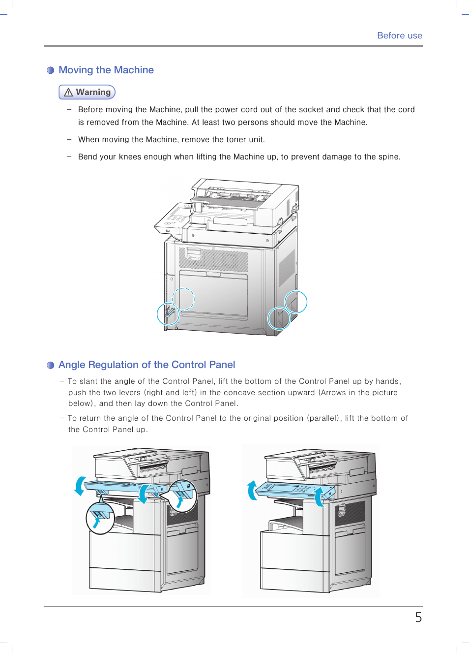 Moving the machine, Angle regulation of the control panel | Sindoh N700 User Manual | Page 21 / 338