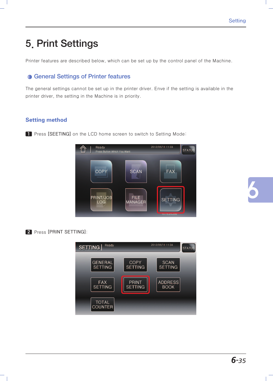 Print settings, General settings of printer features, Setting method | Print setting | Sindoh N700 User Manual | Page 241 / 338