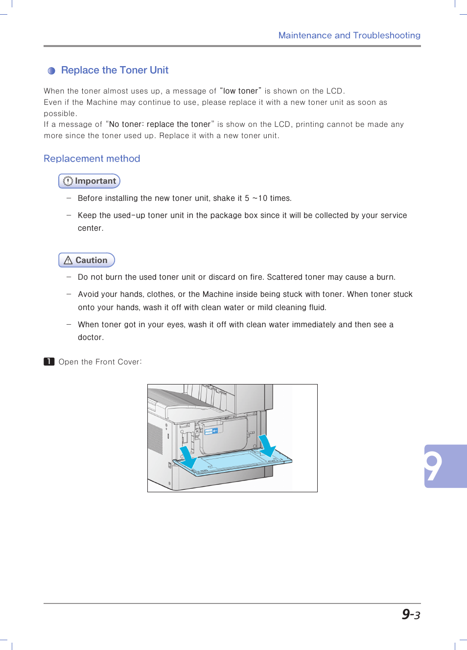 Replace the toner unit, Replacement method, P. 9-3 replace the toner | Toner. for toner unit replacement, see, P. 9-3 「replace the toner unit | Sindoh N700 User Manual | Page 287 / 338