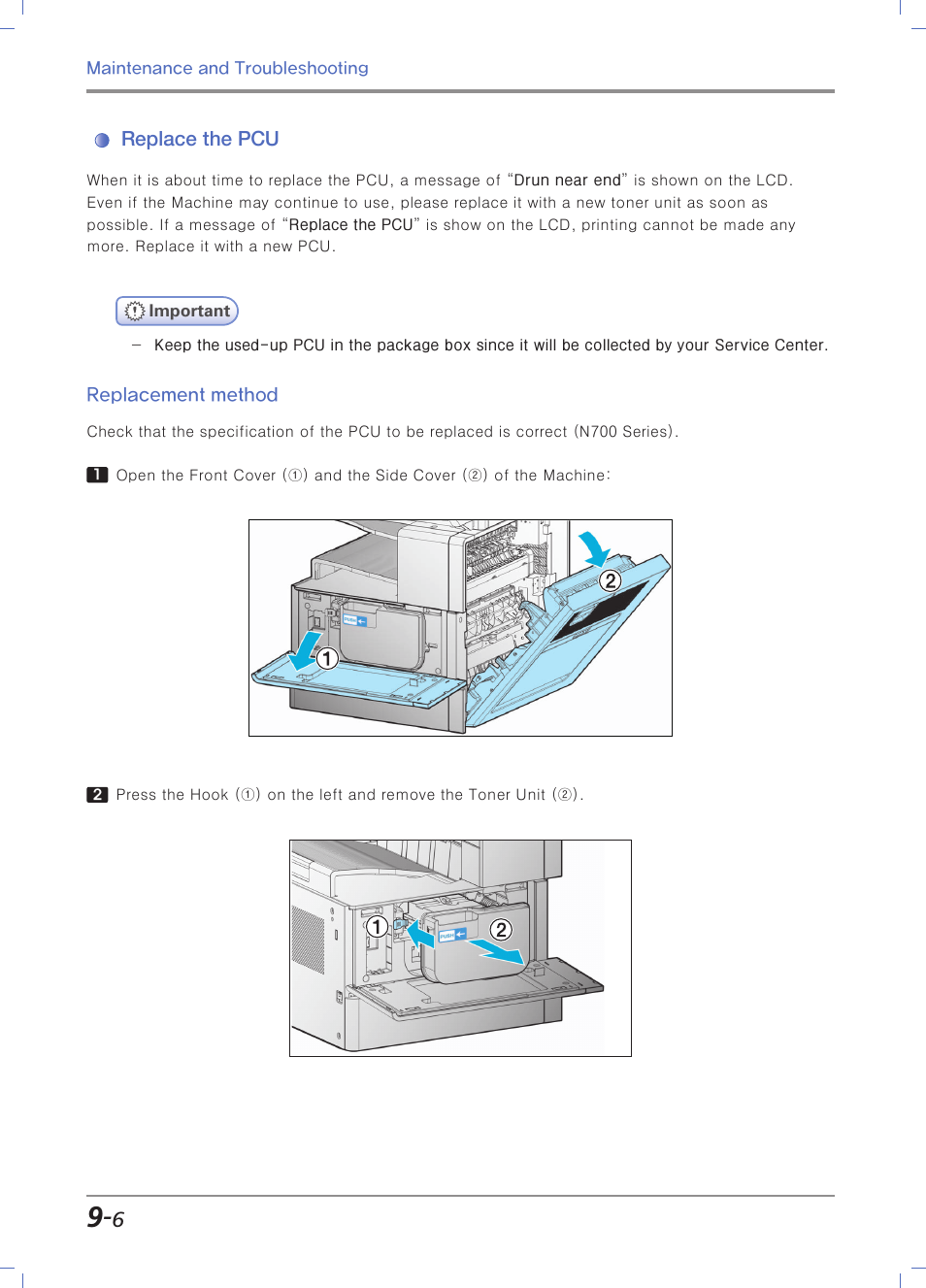 Replace the pcu, Replacement method, For pcu replacement, see | P. 9-6 「“replace the pcu | Sindoh N700 User Manual | Page 290 / 338