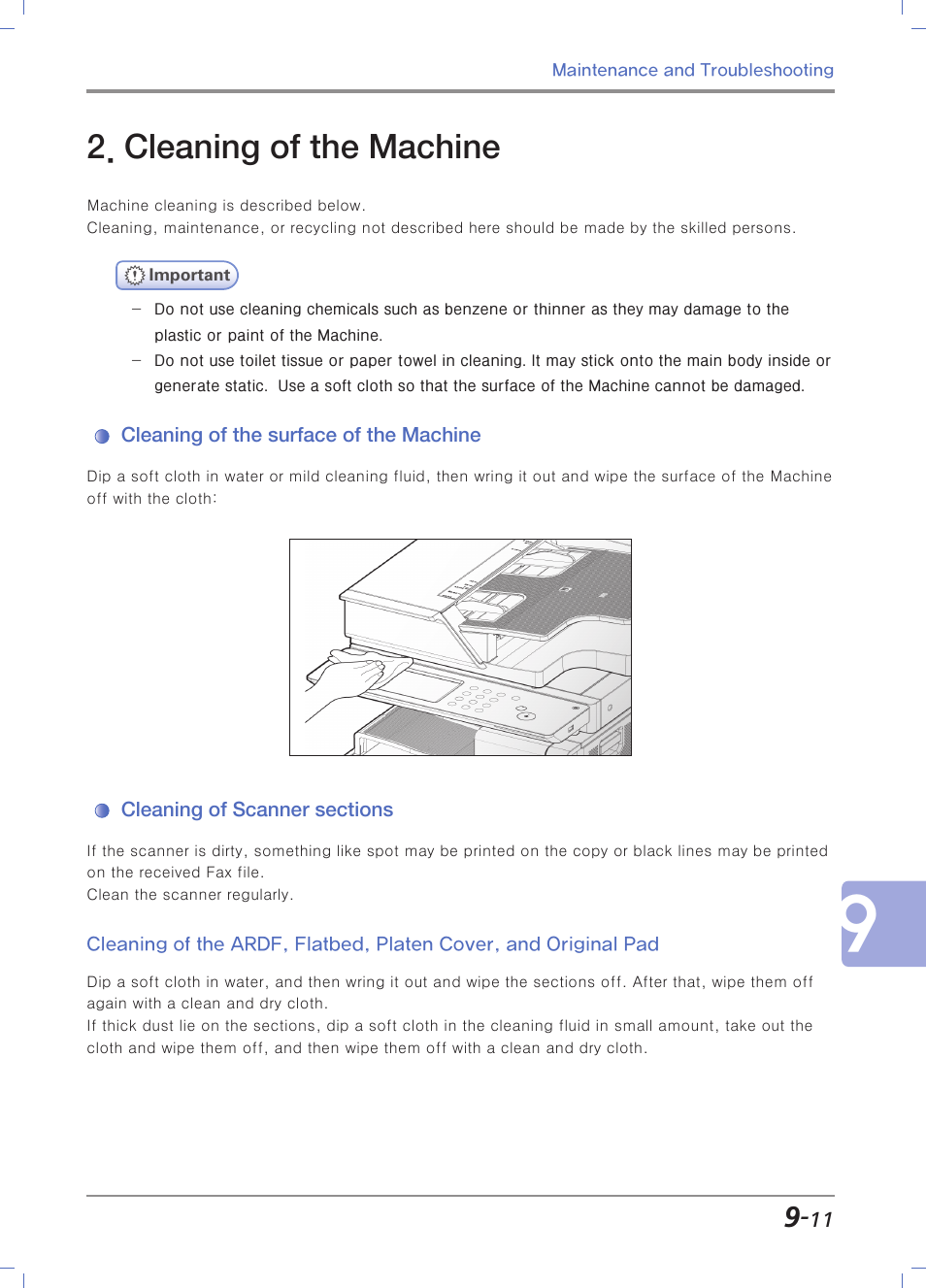 Cleaning of the machine, Cleaning of the surface of the machine, Cleaning of scanner sections | P. 9-11 2. cleaning of, The machine | Sindoh N700 User Manual | Page 295 / 338