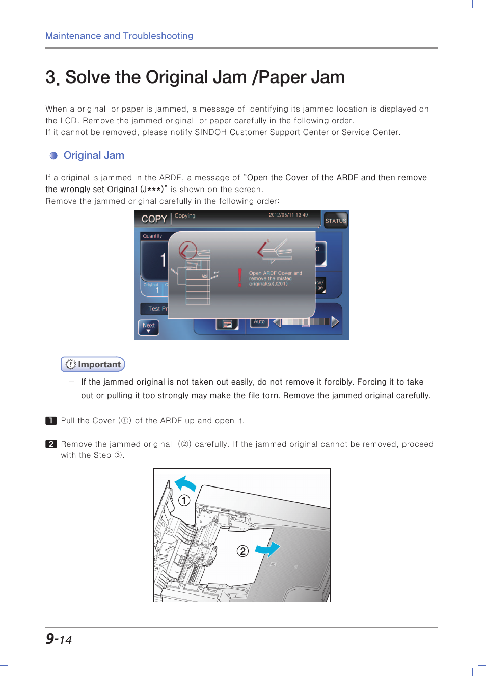 Solve the original jam /paper jam, Original jam, Solve the original jam/paper jam | Sindoh N700 User Manual | Page 298 / 338