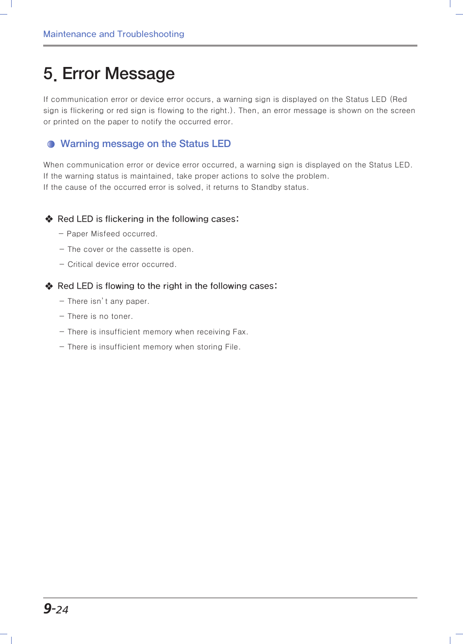 Error message, Warning message on the status led | Sindoh N700 User Manual | Page 308 / 338