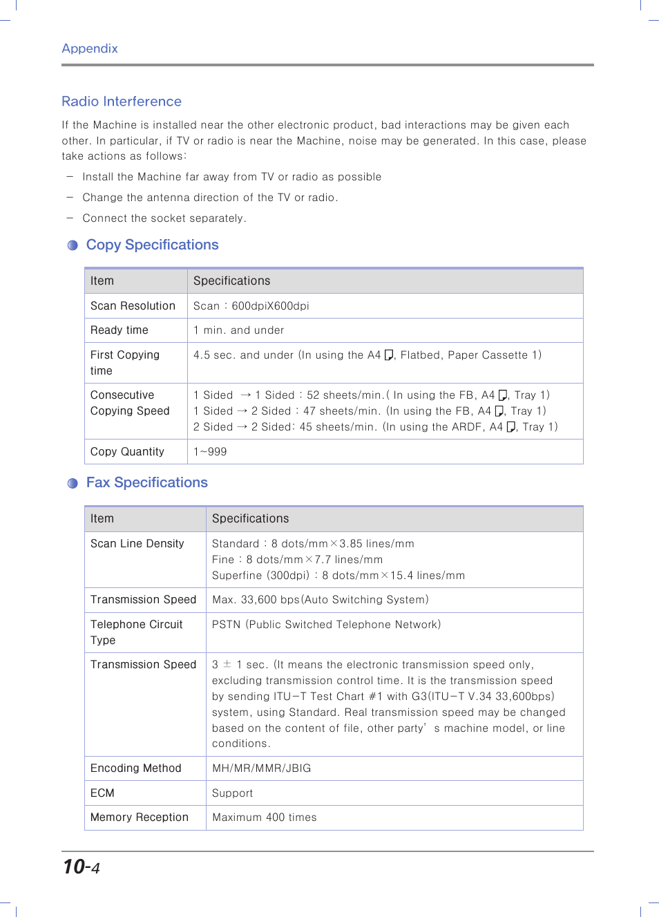 Radio interference, Copy specifications, Fax specifications | Sindoh N700 User Manual | Page 324 / 338