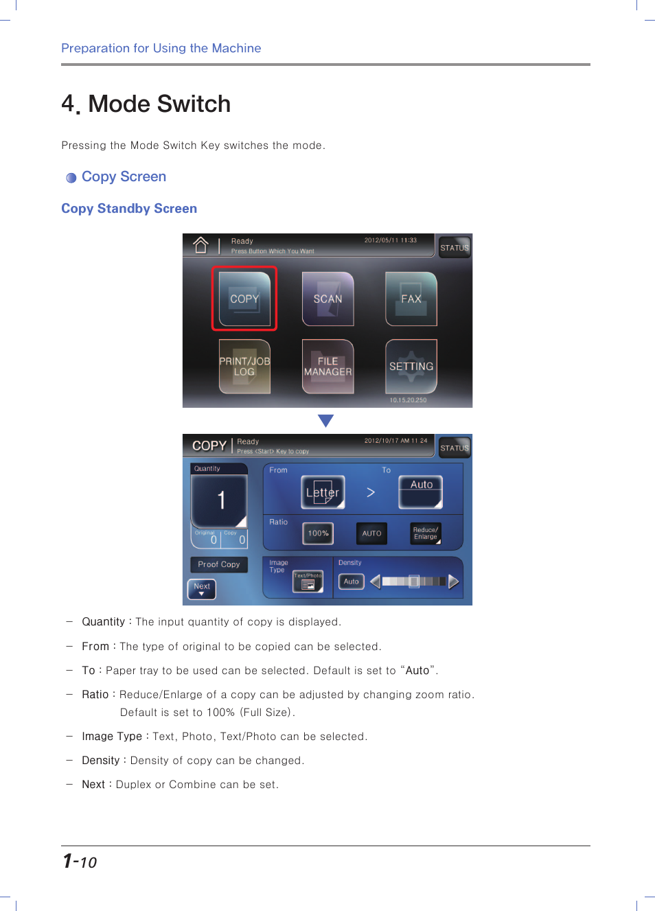 Mode switch, Copy screen, Copy standby screen | Sindoh N700 User Manual | Page 40 / 338