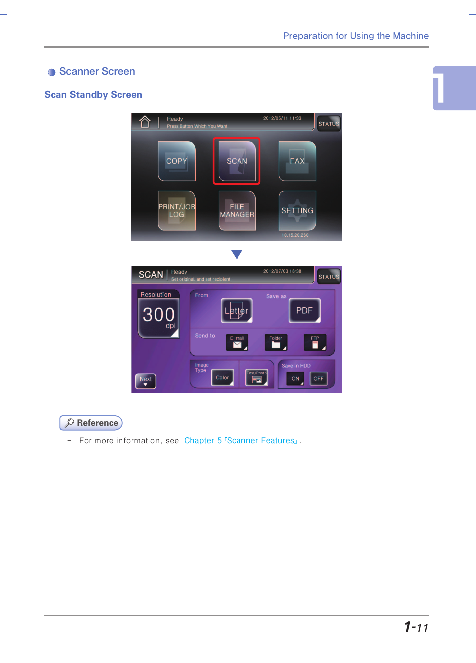 Scanner screen, Scan standby screen | Sindoh N700 User Manual | Page 41 / 338