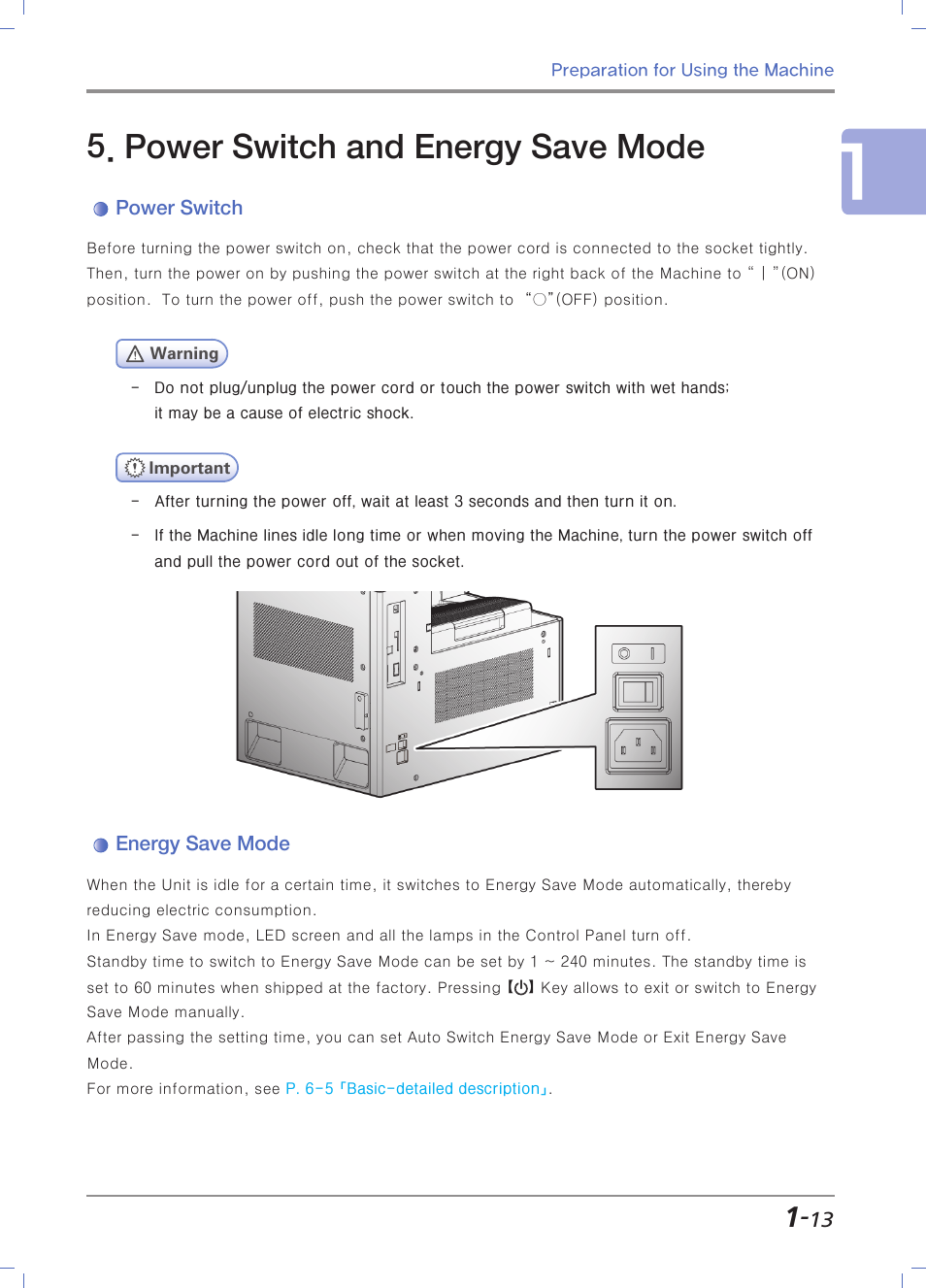 Power switch and energy save mode, Power switch, Energy save mode | Sindoh N700 User Manual | Page 43 / 338