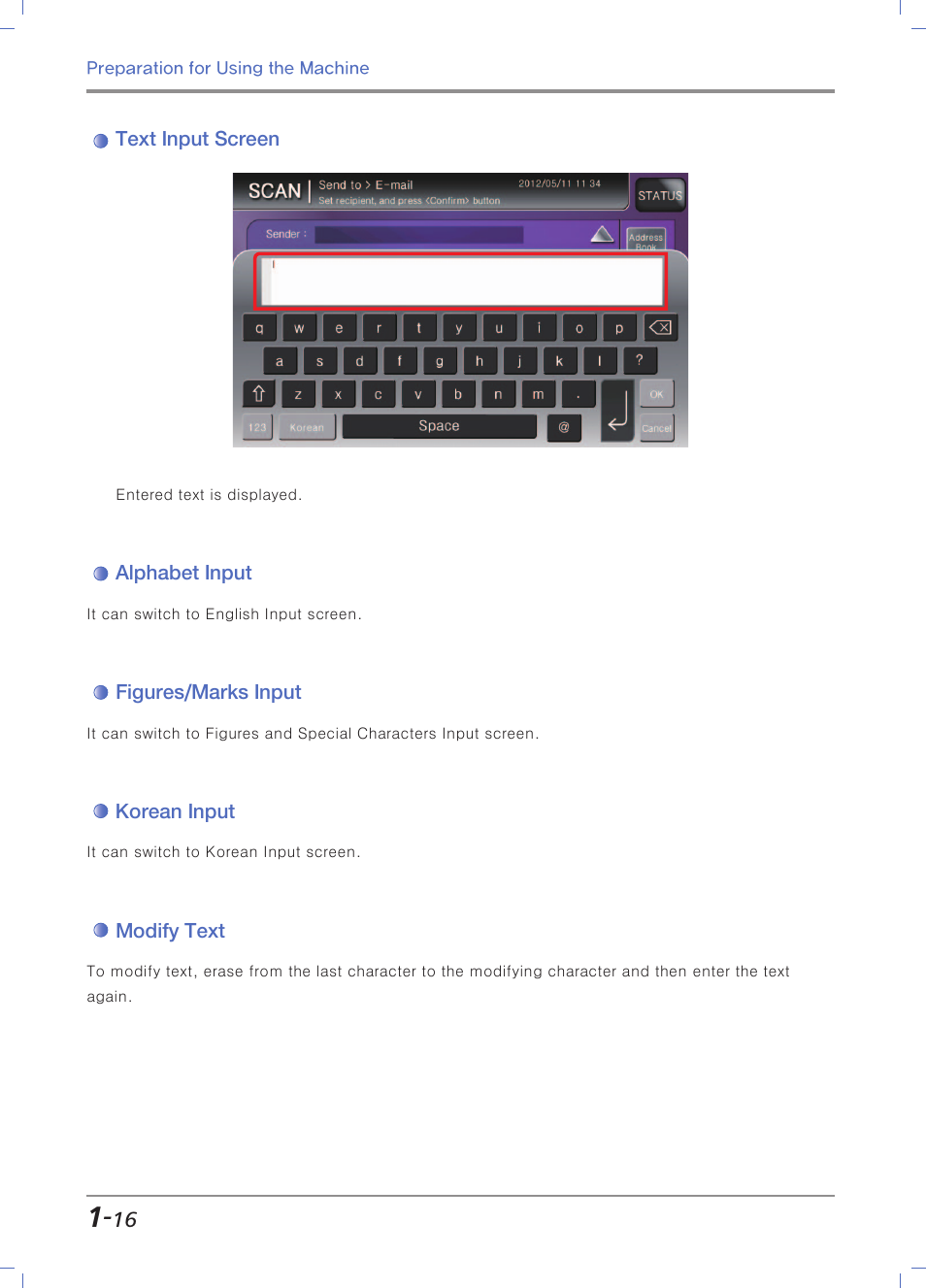 Text input screen, Alphabet input, Figures/marks input | Korean input, Modify text | Sindoh N700 User Manual | Page 46 / 338