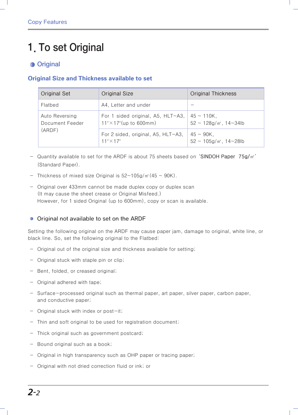 To set original, Original, Original size and thickness available to set | Sindoh N700 User Manual | Page 78 / 338