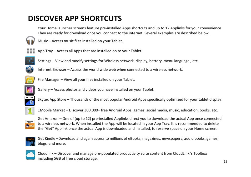 Discover app shortcuts | SKYTEX 727 User Manual | Page 16 / 26