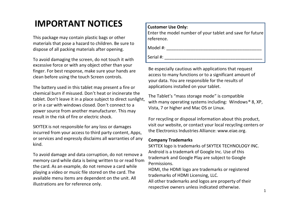 Important notices | SKYTEX 727 User Manual | Page 2 / 26