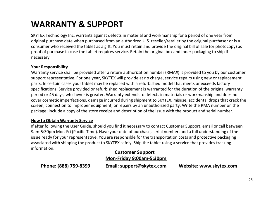 Warranty & support | SKYTEX 727 User Manual | Page 26 / 26