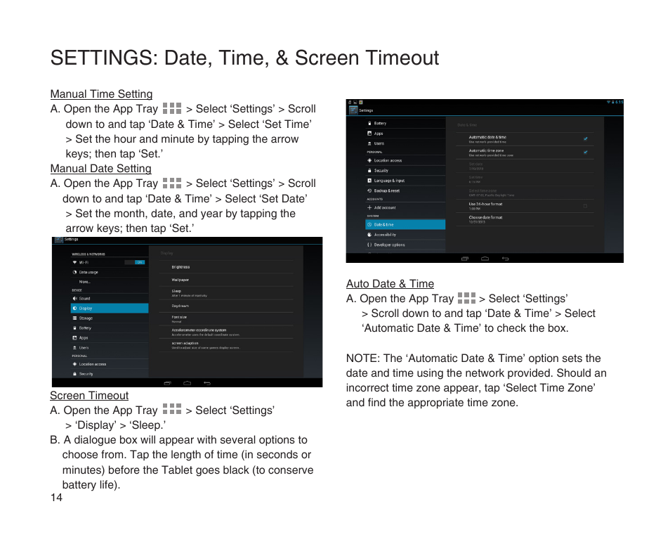 Settings: date, time, & screen timeout | SKYTEX 7s User Manual | Page 15 / 26