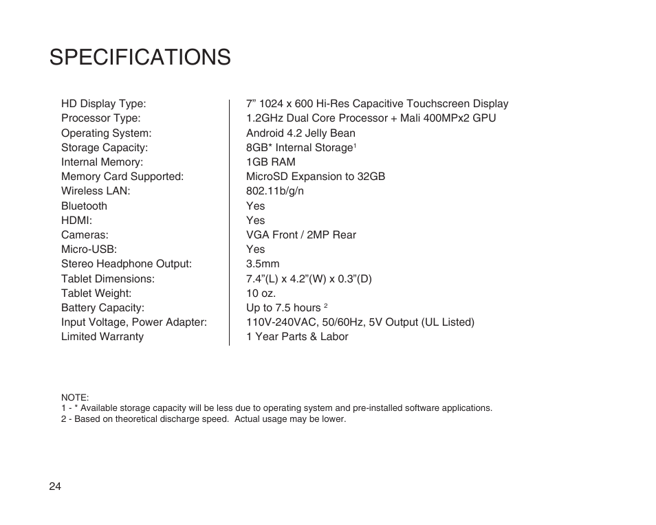 Specifications | SKYTEX 7s User Manual | Page 25 / 26