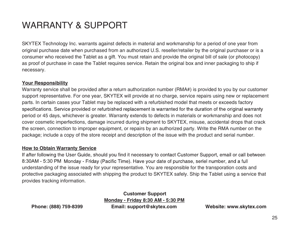 Warranty & support | SKYTEX 7s User Manual | Page 26 / 26