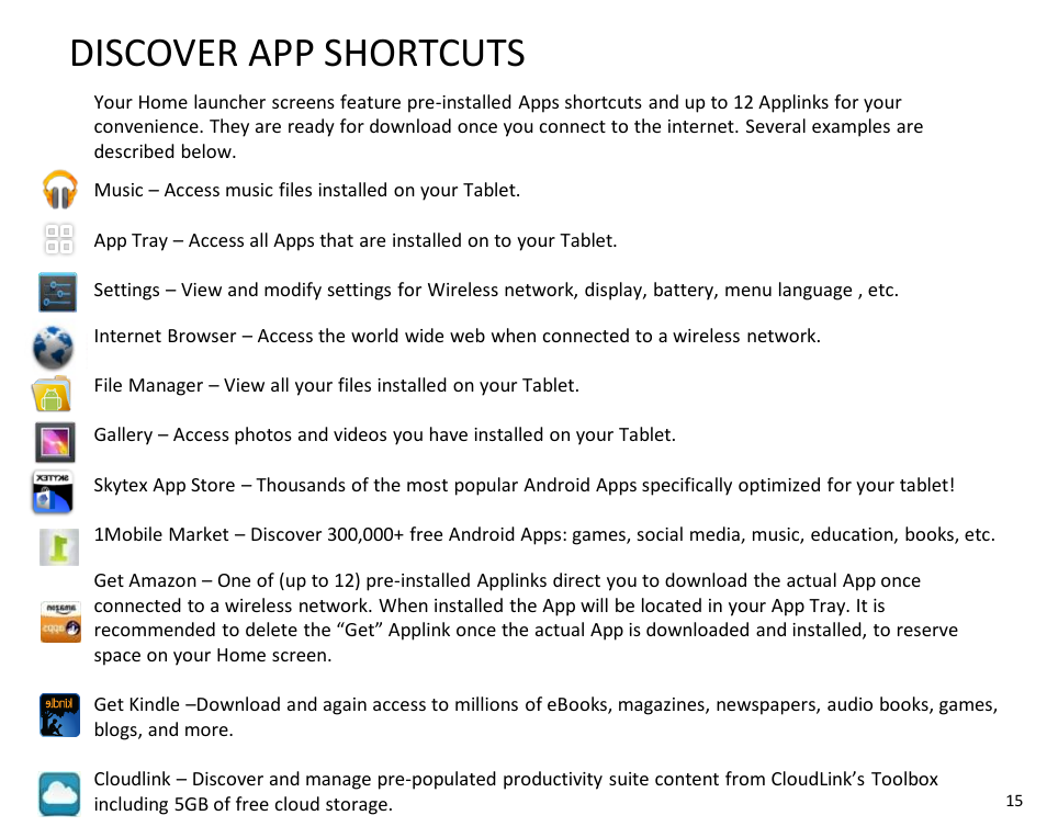 Discover app shortcuts | SKYTEX IMAGINE 10 User Manual | Page 16 / 26