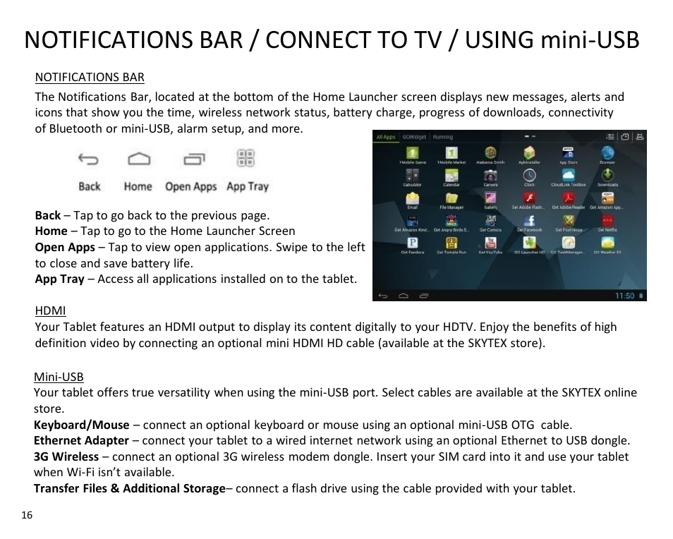 Notifications bar / connect to tv / using mini-usb | SKYTEX IMAGINE 10 User Manual | Page 17 / 26