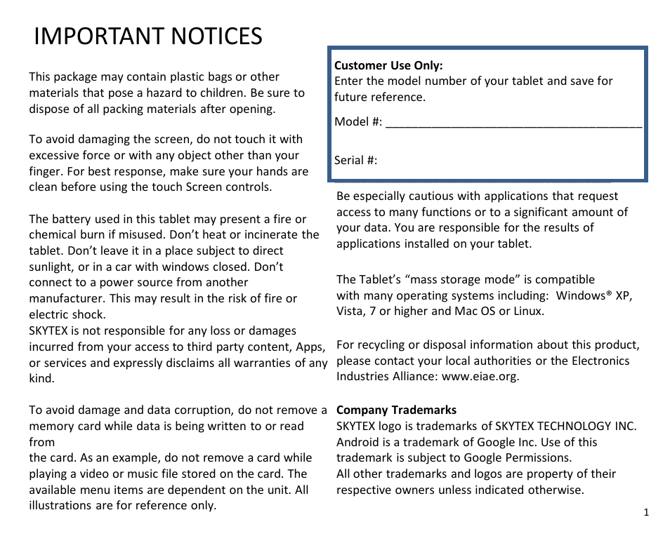 Important notices | SKYTEX IMAGINE 10 User Manual | Page 2 / 26