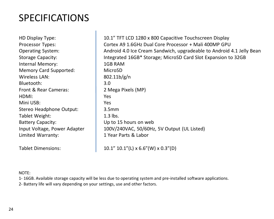 Specifications | SKYTEX IMAGINE 10 User Manual | Page 25 / 26