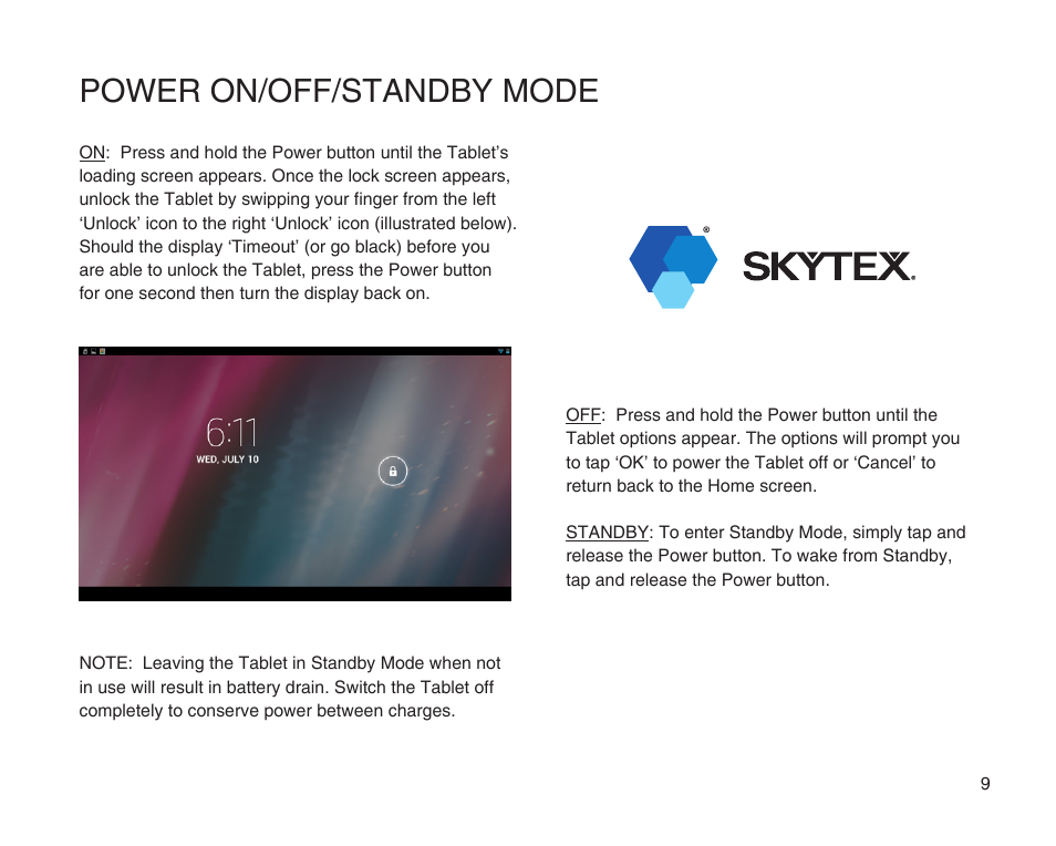 Power on/off/standby mode | SKYTEX 10s User Manual | Page 10 / 26