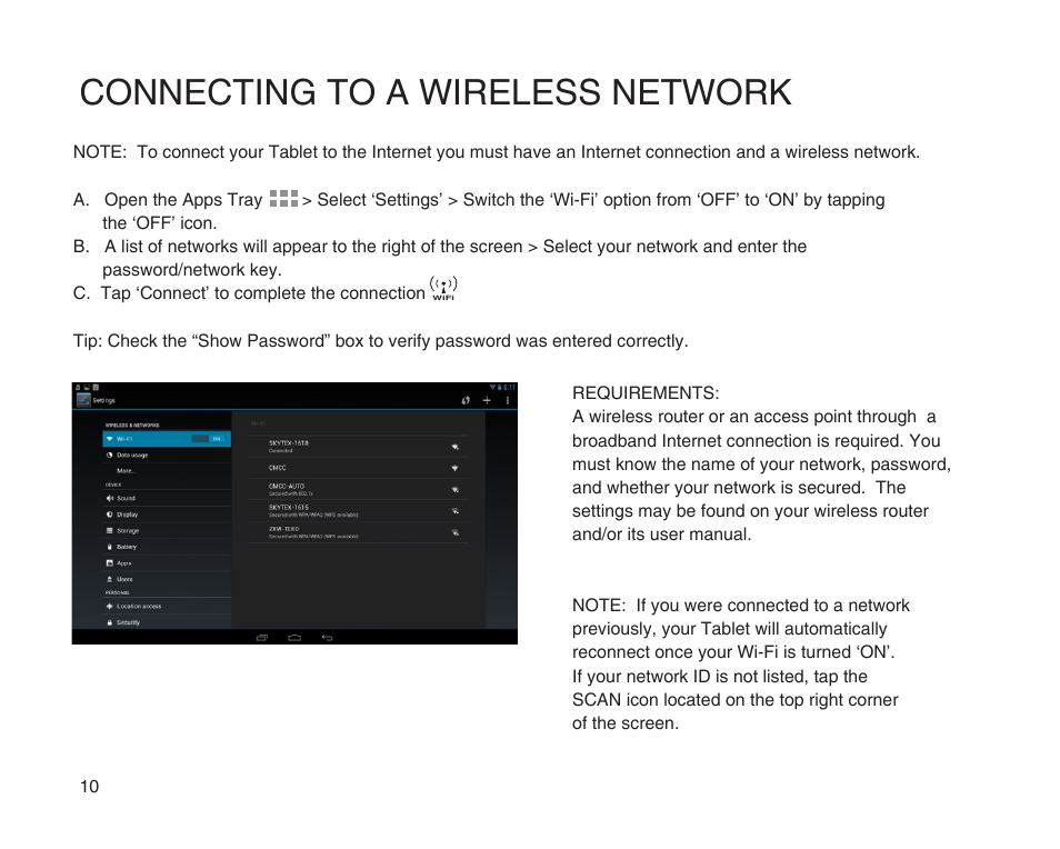 Connecting to a wireless network | SKYTEX 10s User Manual | Page 11 / 26