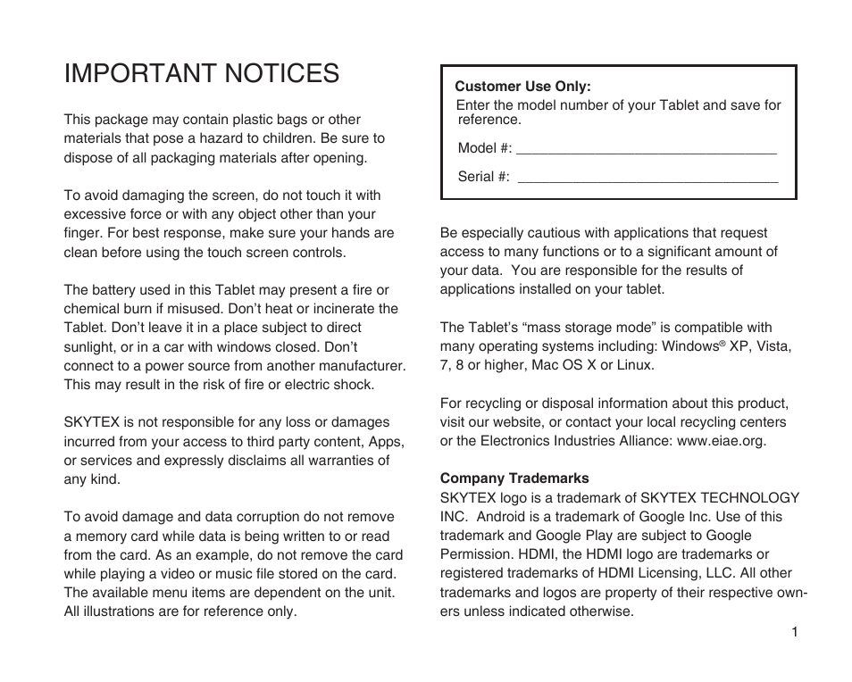 Important notices | SKYTEX 10s User Manual | Page 2 / 26