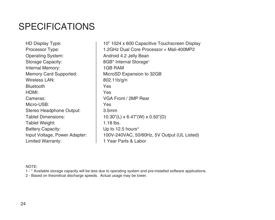 Specifications | SKYTEX 10s User Manual | Page 25 / 26