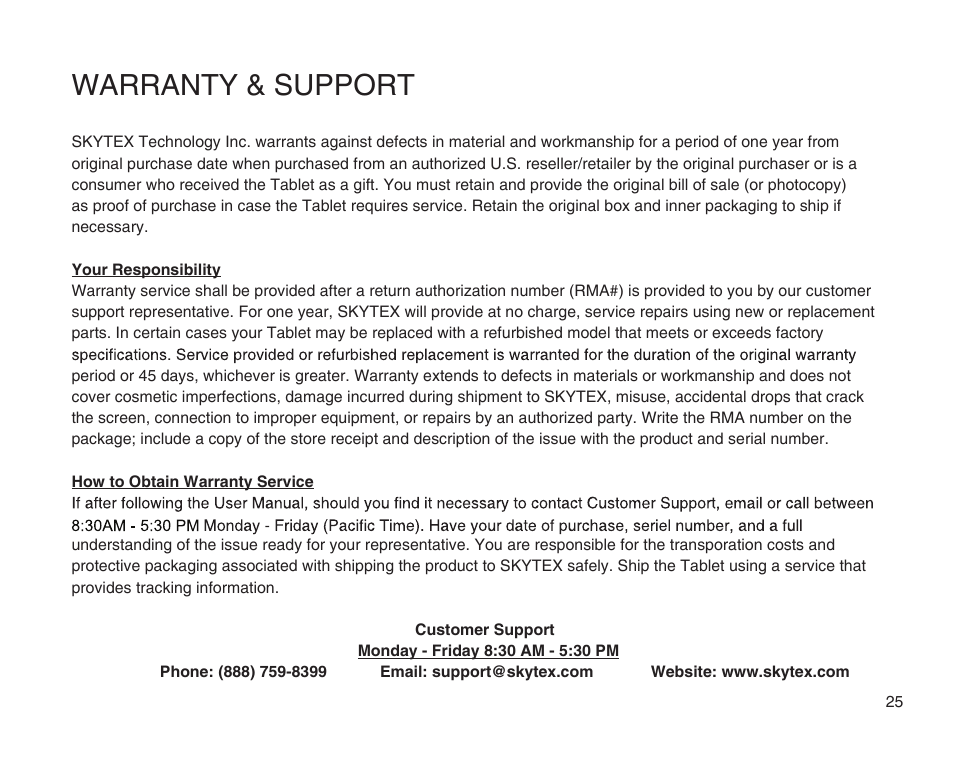 Warranty & support | SKYTEX 10s User Manual | Page 26 / 26